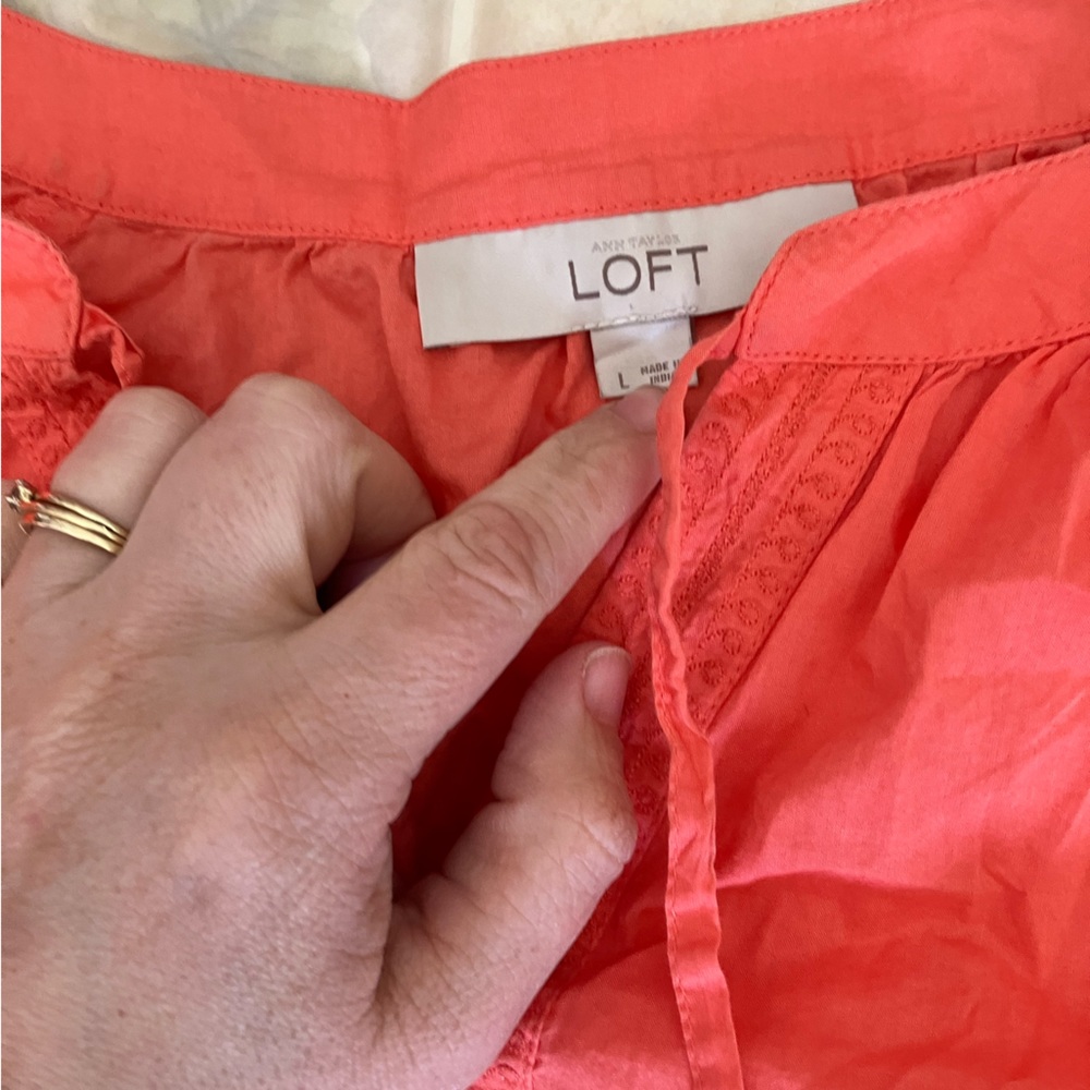 Loft Split Neck Embroidered Placket Orange Cotton… - image 4